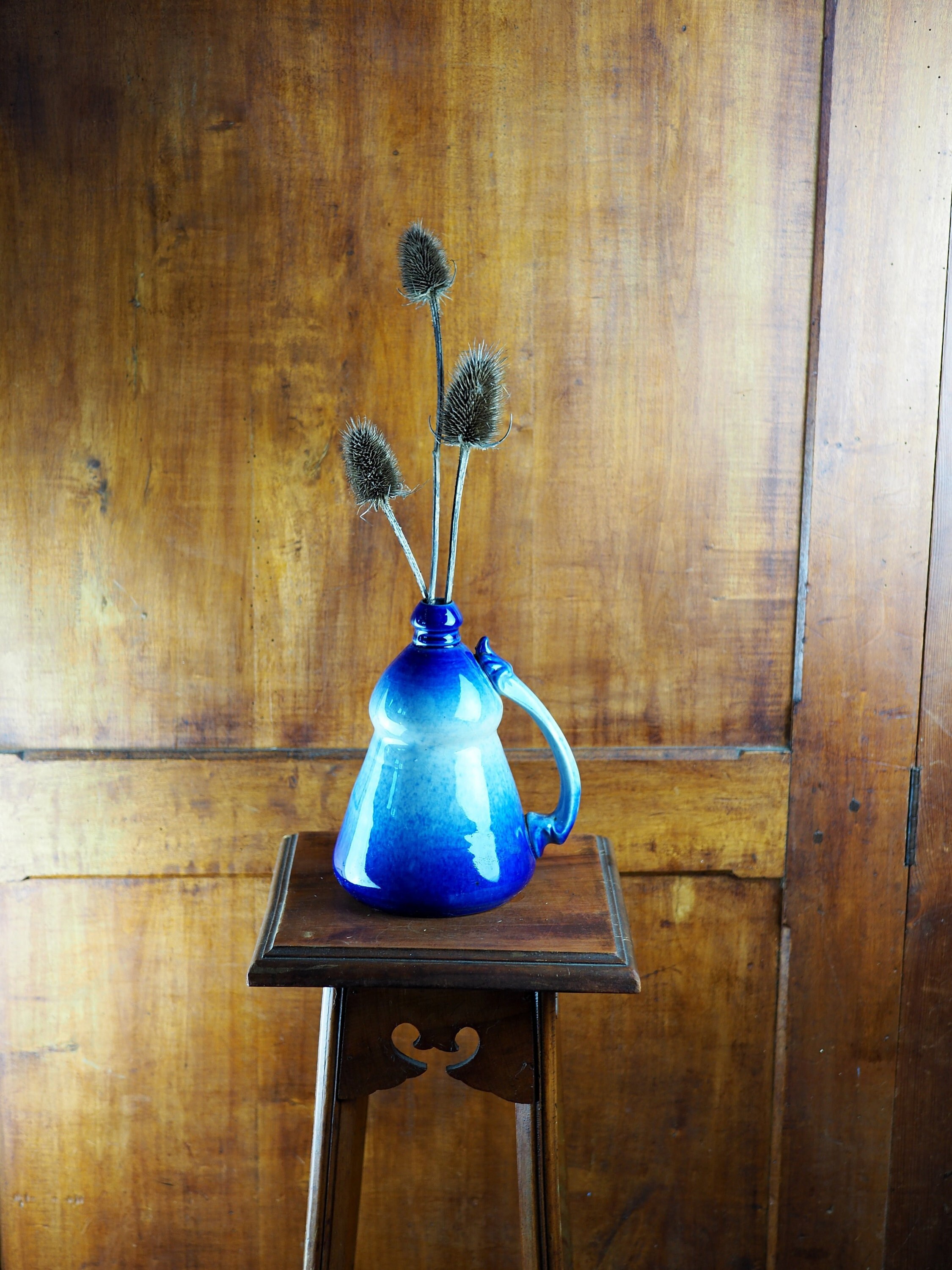 Cruchon Conique à Glaçure Bleue et Anse Ouvragée - Art Populaire Début Xxème