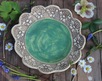 plate, bowl, rustic, gift, lace, green