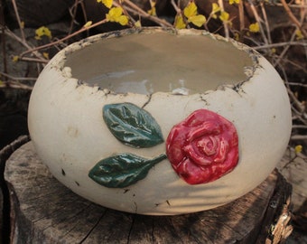 Plant bowl with rose decoration, garden ceramics, pansies