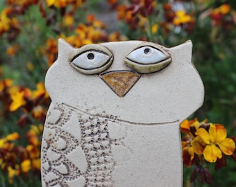 Garden stake owl, garden decoration, garden ceramics, flowerbed, flower box