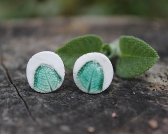 Earrings, ear studs, jewelry, nature, leaves, sage, porcelain