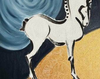 Original Mixed Media Horse Painting. 8x10 Oil and Acrylic Canvas Art. Signed LE. Jones, Minimalist Modern Primitive Equestrian Decor