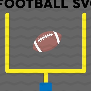 May include: A brown football with white laces is flying through the air towards a yellow goal post with blue uprights. The text "FOOTBALL SVG" is at the top of the image.