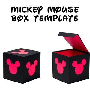 May include: Black box with Mickey Mouse cutouts on each side. The box is open and the inside is pink. The box is labeled "Mickey Mouse Box Template".
