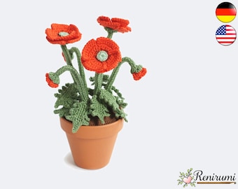 Crochet pattern red poppy • pot flower • Renirumi