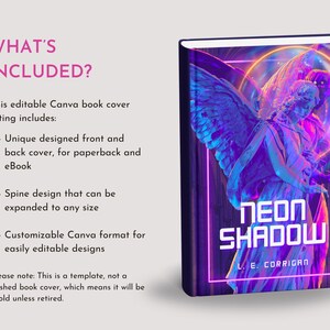 Puede incluir: Una plantilla de portada de libro digital que muestra una estatua de &aacute;ngel con alas iluminada por luces de ne&oacute;n sobre un fondo oscuro con efectos de luz circulares. El t&iacute;tulo NEON SHADOW y el nombre L. E. CORRIGAN est&aacute;n en texto blanco.