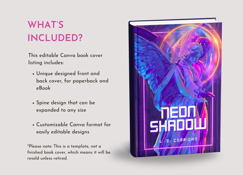 Puede incluir: Una plantilla de portada de libro digital que muestra una estatua de &aacute;ngel con alas iluminada por luces de ne&oacute;n sobre un fondo oscuro con efectos de luz circulares. El t&iacute;tulo NEON SHADOW y el nombre L. E. CORRIGAN est&aacute;n en texto blanco.