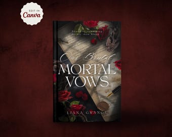 Puede incluir: Una portada de libro titulada Our Brutal Mortal Vows de Liana Grange, con un fondo oscuro con rosas rojas, una pluma estilográfica, un sello de cera y un trozo de papel pergamino envejecido con texto escrito a mano y la frase Bound by something darker than blood.