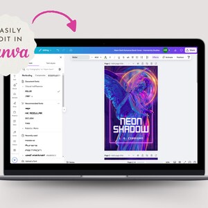 Puede incluir: Una pantalla de port&aacute;til que muestra una interfaz de Canva con un dise&ntilde;o de portada de libro titulado Neon Shadow de L. G. Corrigan. El dise&ntilde;o presenta una estatua azul y morada con anillos de ne&oacute;n brillantes. Una insignia blanca festoneada con texto rosa dice Easily Edit In Canva.