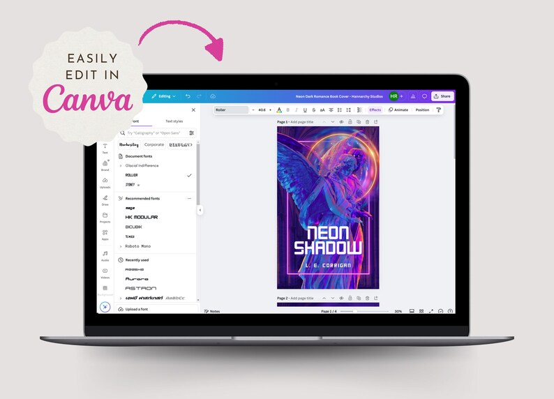 Puede incluir: Una pantalla de port&aacute;til que muestra una interfaz de Canva con un dise&ntilde;o de portada de libro titulado Neon Shadow de L. G. Corrigan. El dise&ntilde;o presenta una estatua azul y morada con anillos de ne&oacute;n brillantes. Una insignia blanca festoneada con texto rosa dice Easily Edit In Canva.