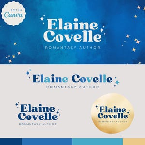 May include: A logo design for Elaine Covelle, a "Romantasy" author. The logo features the author's name in a bold, retro font with a blue and white color scheme. The logo is surrounded by small, white stars on a blue watercolor background.