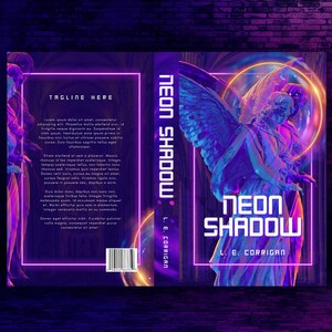 Puede incluir: Una portada de libro titulada Neon Shadow de L. E. Corrigan con una estatua alada iluminada por luces de ne&oacute;n p&uacute;rpuras y azules. La portada muestra el t&iacute;tulo y el nombre del autor, mientras que la contraportada incluye texto y un c&oacute;digo de barras.