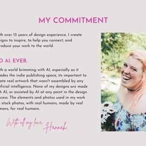 Puede incluir: Un gr&aacute;fico informativo de color claro con encabezados de texto rosa que dicen MY COMMITMENT y NO AI. EVER. El texto explica una filosof&iacute;a de dise&ntilde;o sobre el trabajo humano. Una foto muestra a una persona sonriente de cabello claro con flores.