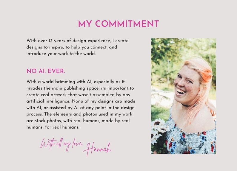 Puede incluir: Un gr&aacute;fico informativo de color claro con encabezados de texto rosa que dicen MY COMMITMENT y NO AI. EVER. El texto explica una filosof&iacute;a de dise&ntilde;o sobre el trabajo humano. Una foto muestra a una persona sonriente de cabello claro con flores.