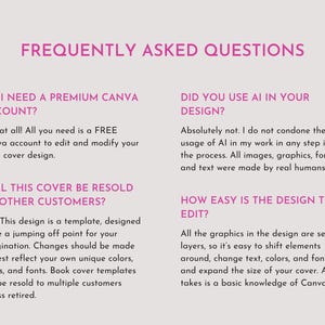 Puede incluir: Un gr&aacute;fico informativo gris claro titulado FREQUENTLY ASKED QUESTIONS en texto rosa. Enumera cuatro preguntas y respuestas sobre cuentas de Canva, uso de IA, pol&iacute;ticas de reventa y la facilidad de editar los elementos del dise&ntilde;o.