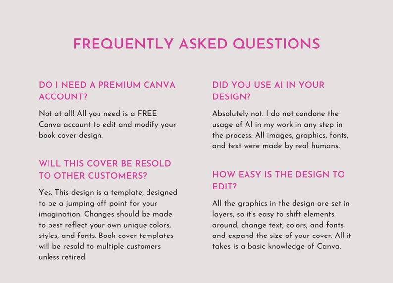 Puede incluir: Un gr&aacute;fico informativo gris claro titulado FREQUENTLY ASKED QUESTIONS en texto rosa. Enumera cuatro preguntas y respuestas sobre cuentas de Canva, uso de IA, pol&iacute;ticas de reventa y la facilidad de editar los elementos del dise&ntilde;o.