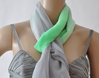 Silk scarf, scarf, chiffon, silk, hand-painted, in light green, delicate green, light grey, airy-light neck flatterer