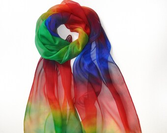 Seidenschal, Schal, Chiffon, Seide, Silk, handgemalt mit dampffixierbare Farbe in Regenbogenfarben, Luftig-leichter Hals Schmeichler