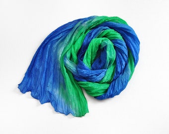 Scarf, silk scarf, silk, crashed, crinkle, hand-painted in blue, green, airy-light neck flatterer