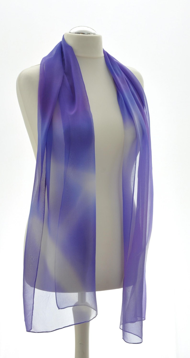 Silk scarf, shawl, stole, hand-painted in purple, light purple, violet, white, unique, airy and light neck flatterer image 3