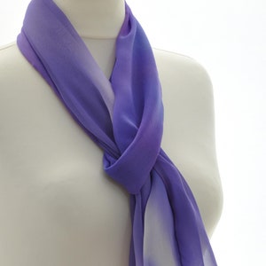Silk scarf, shawl, stole, hand-painted in purple, light purple, violet, white, unique, airy and light neck flatterer image 1