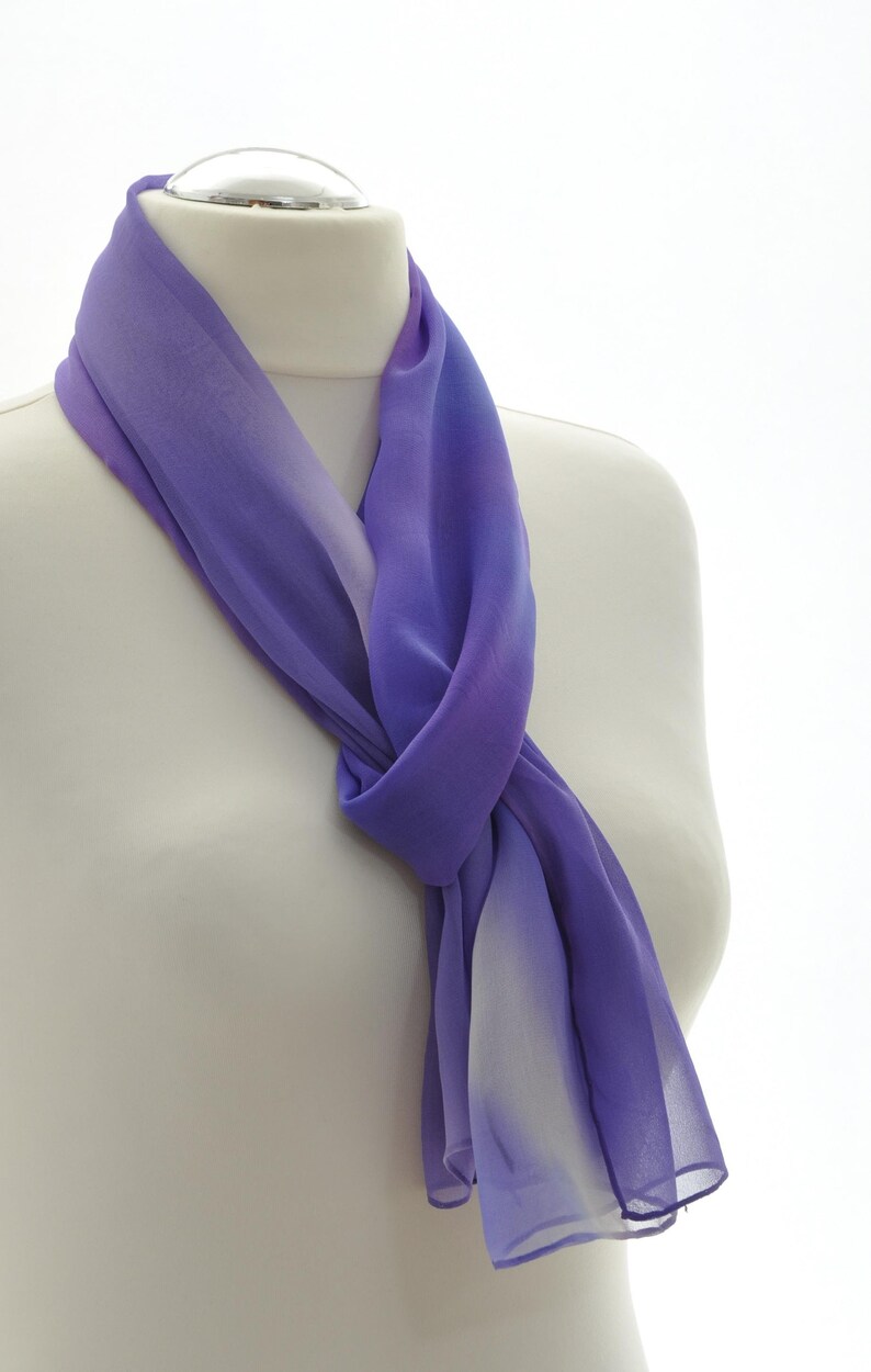 Silk scarf, shawl, stole, hand-painted in purple, light purple, violet, white, unique, airy and light neck flatterer image 1