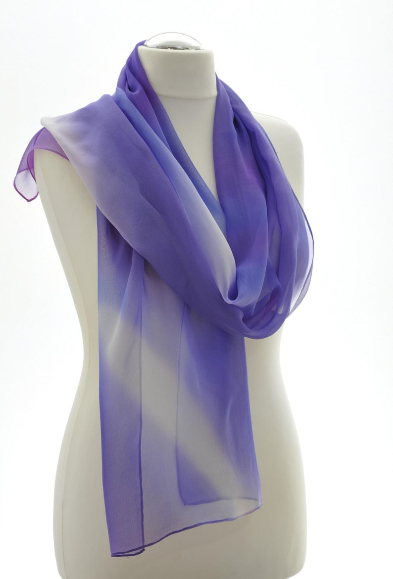 Silk scarf, shawl, stole, hand-painted in purple, light purple, violet, white, unique, airy and light neck flatterer image 4