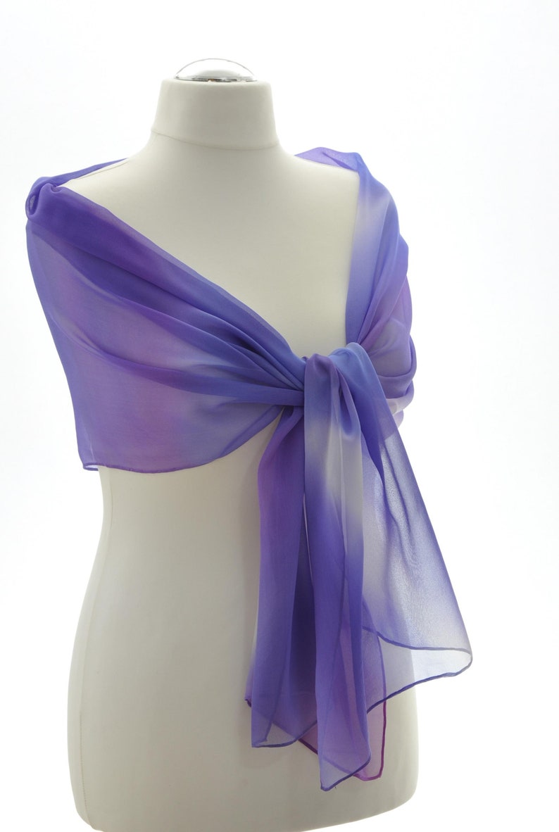 Silk scarf, shawl, stole, hand-painted in purple, light purple, violet, white, unique, airy and light neck flatterer image 2