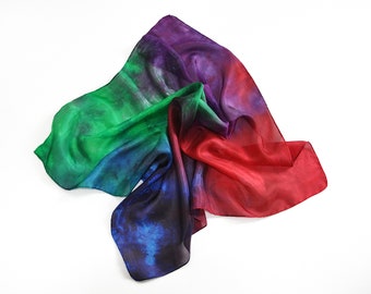 Scarf, silk scarf, velour scarf, small, silk, hand-painted in red, green, blue, dark blue, purple, airy and light neck flatterer