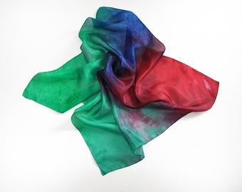 Scarf, silk scarf, velour scarf, small, silk, hand-painted in red, green, blue, purple, airy and light neck flatterer