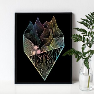 Mountains Cactus Foil Print - Foil Art, Wall Decor, Outdoors, Southwest, Explore, Adventure, Nature
