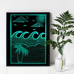 Tropical Beach Foil Print - Foil Art, Wall Art, Beach, Waves, Palm Trees