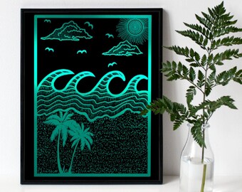 Tropical Beach Foil Print - Foil Art, Wall Art, Beach, Waves, Palm Trees