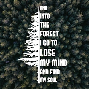 May include: An aerial view of a forest with a white tree silhouette in the center. The tree is made up of the words "And into the forest I go to lose my mind and find my soul."
