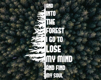 May include: An aerial view of a forest with a white tree silhouette in the center. The tree is made up of the words "And into the forest I go to lose my mind and find my soul."
