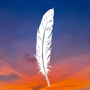 May include: A white feather silhouette against a colorful sunset sky. The sky is a gradient of orange, pink, and purple.