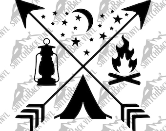 May include: Black and white silhouette design of a tent, campfire, lantern, and arrows with a crescent moon and stars in the background.