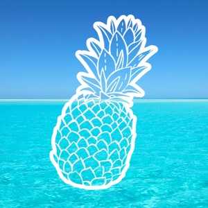 May include: A white outline of a pineapple against a blue ocean background.
