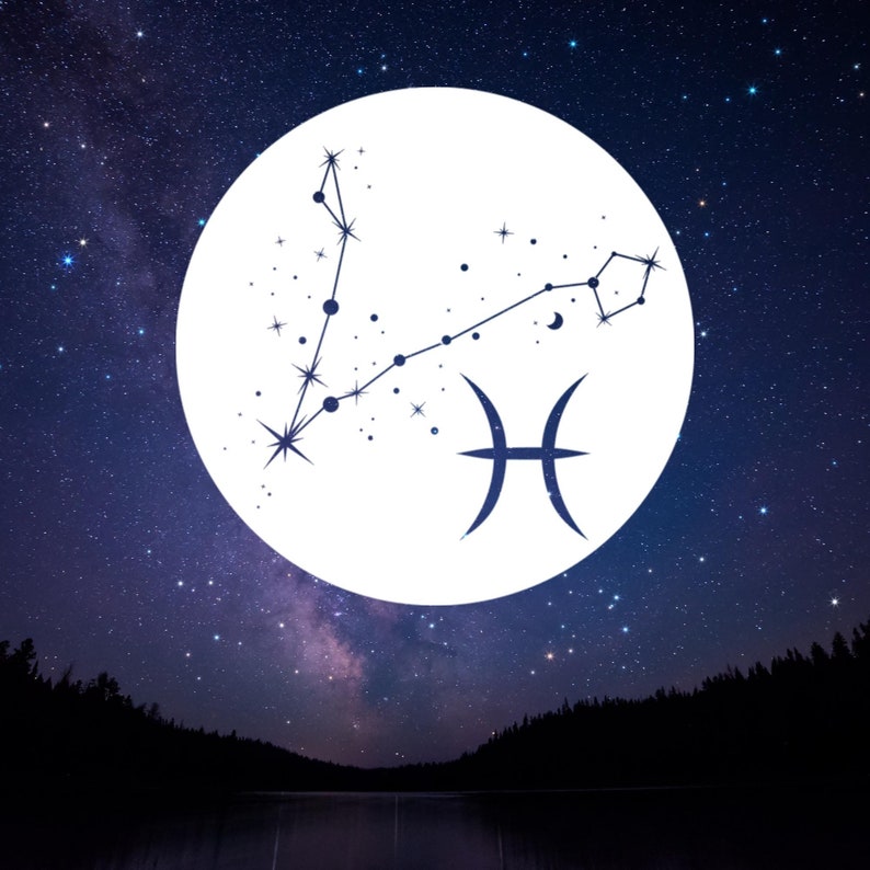 May include: A white circle with a constellation of stars representing the Pisces zodiac sign, with the symbol for Pisces in the center. The circle is set against a dark blue night sky with a milky way galaxy in the background.
