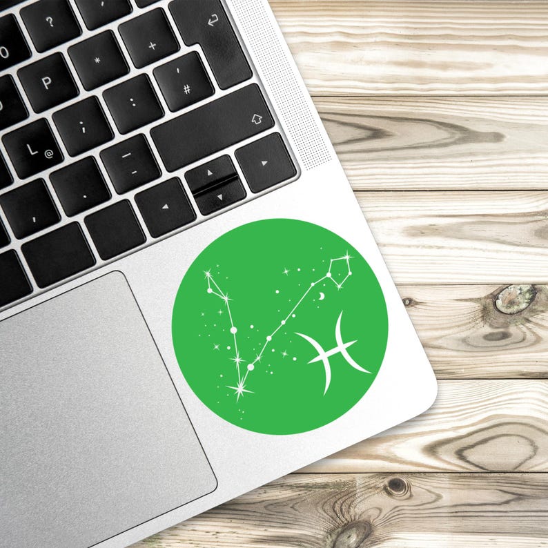 May include: Green circle sticker with a white outline featuring the Pisces zodiac constellation with white stars and the Pisces symbol.
