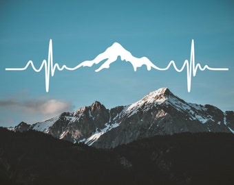 May include: A white mountain silhouette with a heartbeat line above a snowy mountain range with a blue sky in the background.