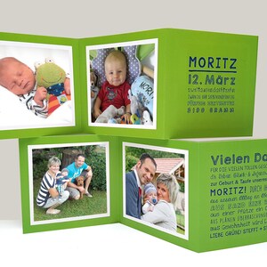 Geburtsanzeige und Danksagung Taufe als 6-seitige Leporello Karte | hübshe Dankeskarte für den 1. großen Auftritt eures Babys!
