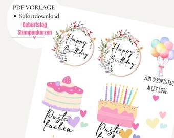 Geburtstag Stumpenkerze Pustekuchen PDF Vorlage Kerzentattoo Kerzensticker Kerzen Wasserschiebefolie Download  Birthday