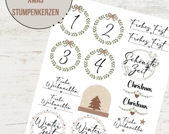 PDF Weihnachten Stumpenkerzen Vorlage Kerzentattoo Kerzensticker Kerzen Wasserschiebefolie Download Stabkerze XMAS Adventszahlen