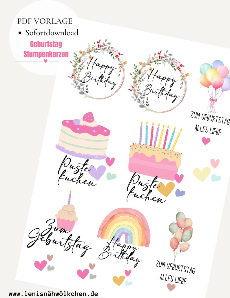 Geburtstag Stumpenkerze Pustekuchen PDF Vorlage Kerzentattoo Kerzensticker Kerzen Wasserschiebefolie Download Birthday image 1