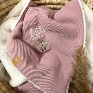 Babydecke Teddyfell personalisierbar mit Namen Wafflepiqué Wafflepique Altrosa Geburt Taufe Kuscheldecke Kinderwagen Bild 1