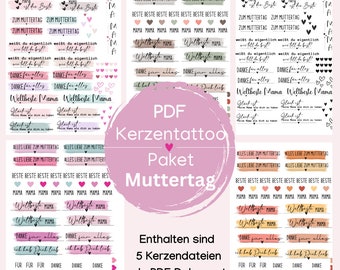 Muttertag Kerzentattoo Paket PDF Vorlage Kerzentattoo Kerzensticker Kerzen Wasserschiebefolie Download Stabkerze