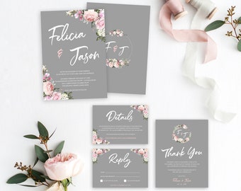Rose Wedding Invitation Template Digital Download, Custom order Grey & Blush Rose Wedding Invitation Template Printable Cards - iPBSAA006