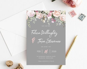 Rose Wedding Save the Date Template Digital Download, Custom order Grey & Blush Rose Wedding Invitation Template Printable Cards - iPBSAA001