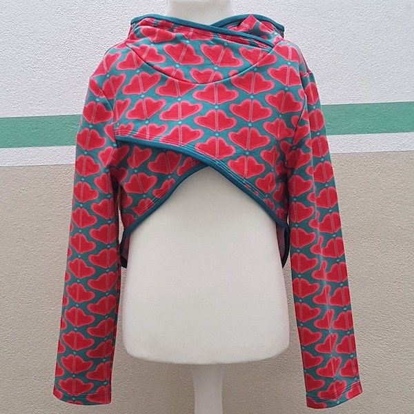 Hoodie Crop Bolero Gr.128 Doppelherzen petrol/rot versandbereit